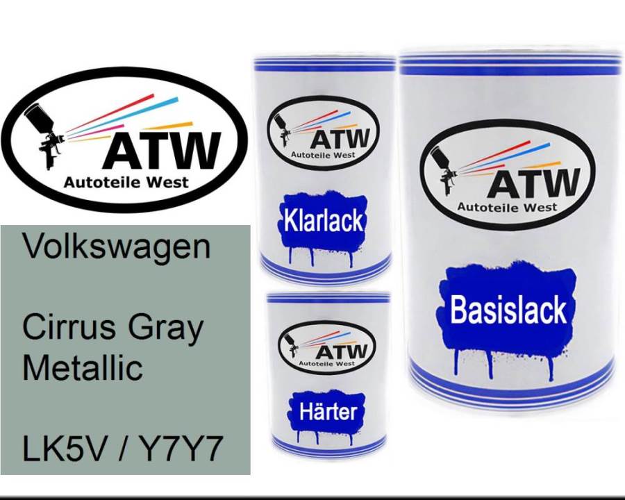 Volkswagen, Cirrus Gray Metallic, LK5V / Y7Y7: 500ml Lackdose + 500ml Klarlack + 250ml Härter - Set, von ATW Autoteile West.